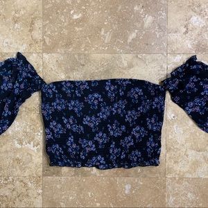 Blue Floral Off The Shoulder Ruched Crop Top